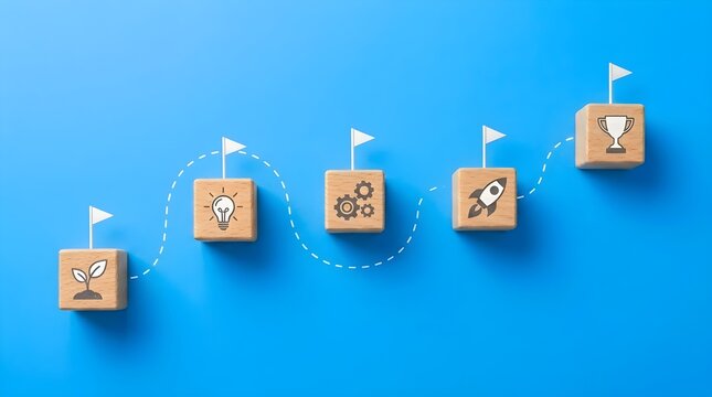 Business growth and development path with wooden blocks showing icons of success, strategy, and achievement on a blue background