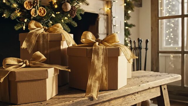 Brown kraft paper holiday gift boxes tied with long rustic gold burlap bows are grouped on a weathered timber table near a Christmas tree decorated with dried citrus, lights and a stone fireplace