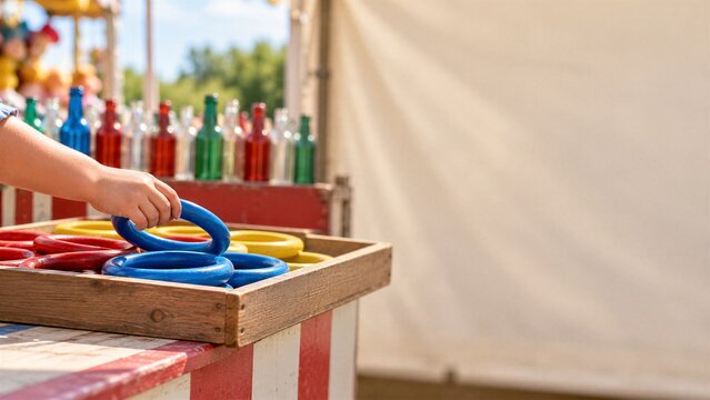 Child hand picking blue ring for ring toss carnival game