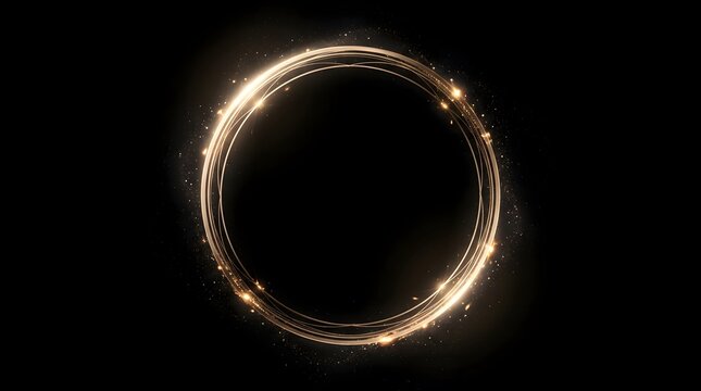 Abstract glowing golden light circle frame with sparkles and particles on black background, luxury design element for greeting cards, invitations, and festive banners