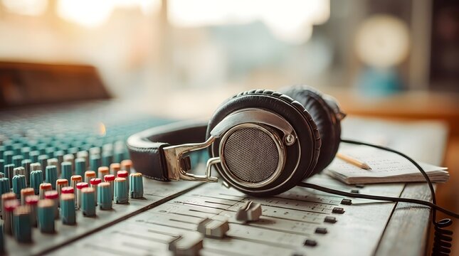 Audio headphones resting on sound mixing desk in music recording studio or radio broadcast room