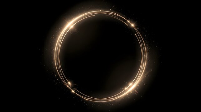 Golden glowing circular frame with light trails and sparkles on a black background