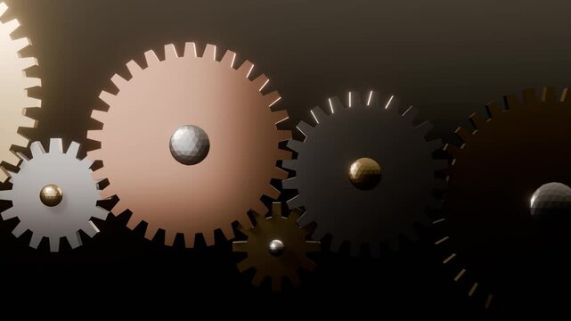 Golden clock gears and cogs rotating, mechanical clockwork 3D animation seamless loop
