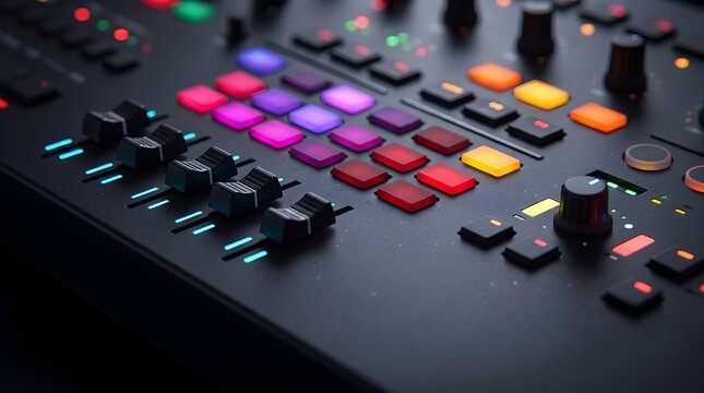 Modern electronic music production mixing console with glowing colorful pads and sliders in a studio