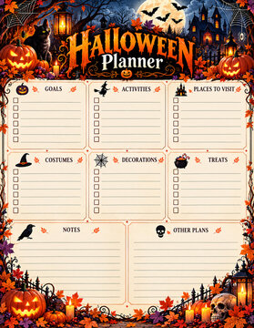 Halloween planner page with goals, activities, costumes, decorations, treats, notes and blank writing sections, framed by pumpkins, bats, black cat, haunted house, moon and autumn leaves.