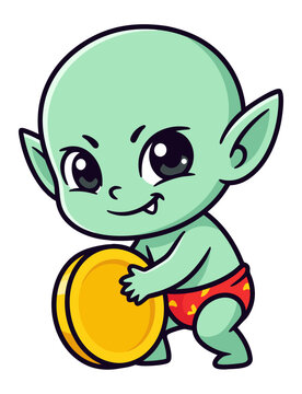 Cute Chibi Green Baby Goblin Rolling Gold Coin Vector Illustration.