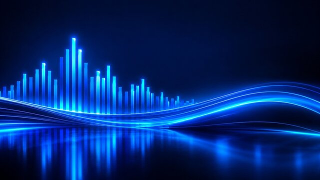 Glowing cyan audio equalizer bars with curved blue light reflection on dark surface

