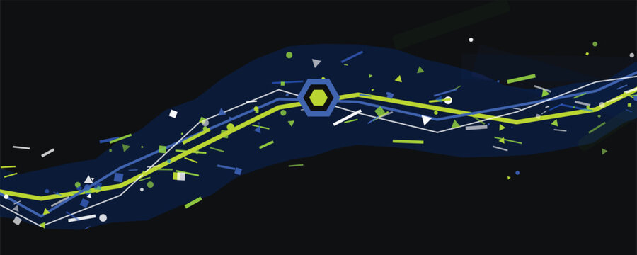 Abstract data stream flowing with geometric shapes and light particles against dark background