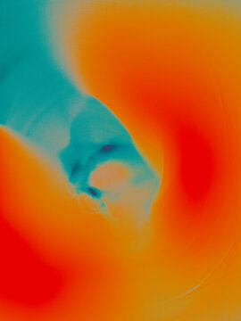 Surreal swirling vertical abstract in orange red and teal with a ghostly face-like shape, psychedelic thermal false color vortex background