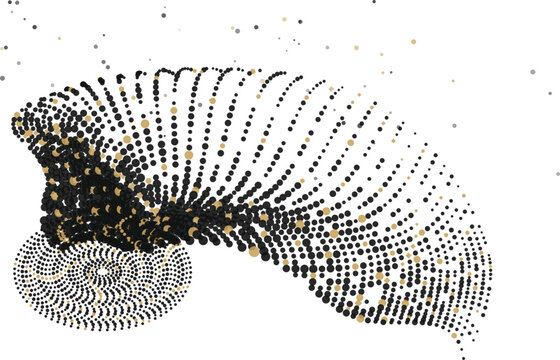Abstract swirling black and gold particles forming a dynamic wave on white