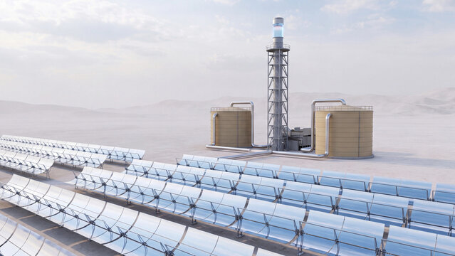 Concentrated solar power plant and thermal energy storage with parabolic mirrors, solar tower and molten salt tanks in desert for renewable electricity and sustainable heat power