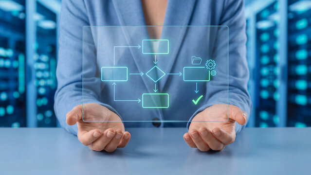 Business process workflow and automation flowchart with businesswoman hands presenting transparent hologram diagram with decision steps for management, optimization and strategy