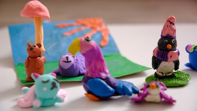 Child has created colorful plasticine figures of animals and birds: penguin, parrot, mouse, cat, squirrel. Creativity, imagination, and the development of fine motor skills through hands‑on play.