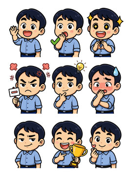Set of Cute Cartoon Male Office Worker Character Stickers