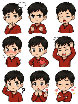 Set of cute anime boy character expressions and gestures