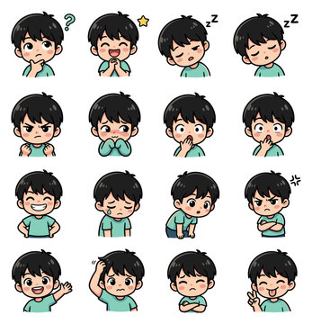 Cute Anime Boy Character Stickers with Various Emotions Set