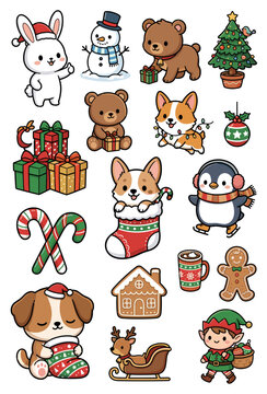 Cute Christmas Holiday Sticker Bundle Vector Illustrations