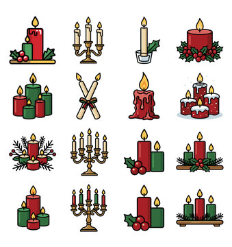 Set of Decorative Christmas Candle Icons
