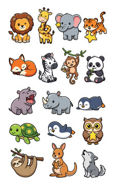 Cute Cartoon Zoo Animal Set Vector Collection