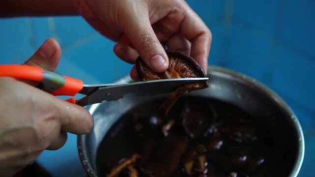 Hands Cutting Shiitake Mushrooms into Thin Strips with Scissors Slow Motion 4K
