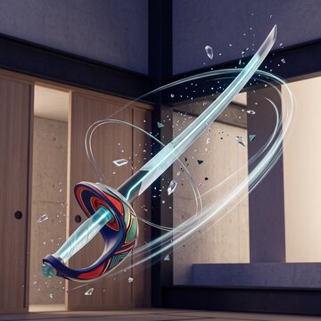 A stylized, glowing saber with a decorative hilt floats and spins in a Japanese-inspired room, with shards of glass scattering around it, suggesting a moment of dramatic action or a magical effect