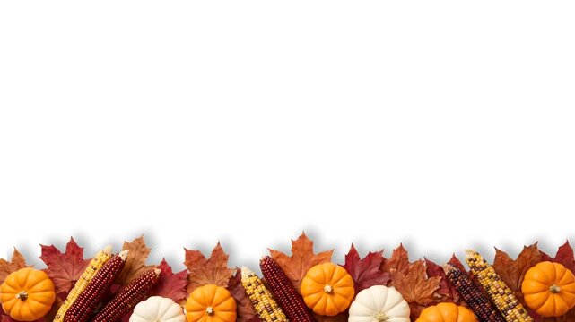 Thanksgiving Autumn Border Frame with Pumpkins Corn and Fallen Maple Leaves on White Background.