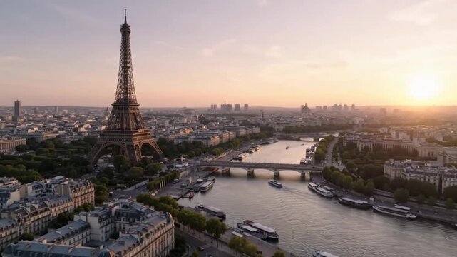 Aerial View of Eiffel Tower and Seine River at Sunset in Paris