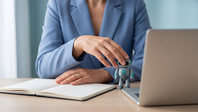 AI assistant and AI robot automation in business with businesswoman hand on small robot, laptop and notebook on office desk for human and AI collaboration and productivity