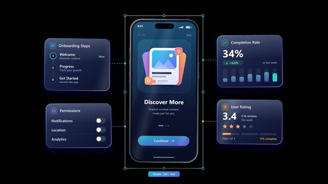 Modern smartphone UI and UX app design mockup with dark mode elements and analytics dashboard