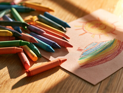 Overhead shot of scattered crayons and childlike sun, rainbow, cottage doodles on paper over wood. Warm window light, shallow focus, pastel tones, right copy space ideal for education blogs and...