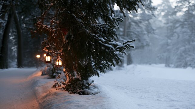 Christmas forest with a curving snowy path and two glowing lanterns on the left, misty fir trees in soft winter morning light, open snowy clearing with copy space on the right