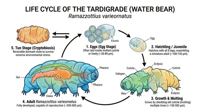 Comprehensive Biological Chart Of Ramazzottius Varieornatus Life Cycle Highlighting Tun Stage And Microscopic Anatomy