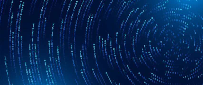 Blue Abstract Numbers Matrix Vortex Technology Background. Binary Computer Code Dynamic Spiral. Programming, Coding, Hacker Concept. Binary Numbers Moving in Spiral. Vector Illustration. 