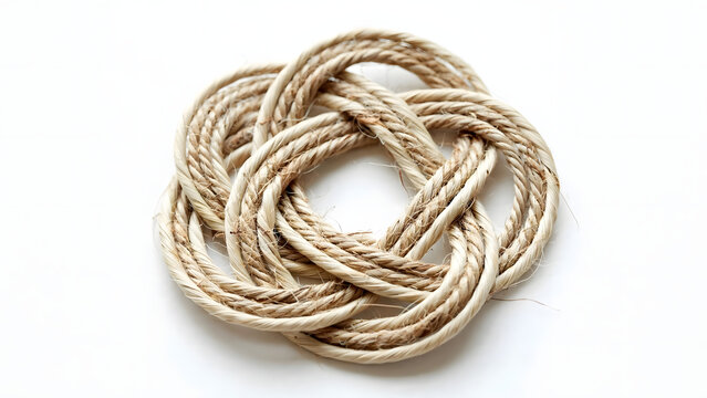 Natural Twisted Jute Rope Coiled in Circular Shape Isolated on White Background, Rustic Hemp Fiber Cord with Braided Texture for Nautical, Craft, Packaging and Sustainable Design