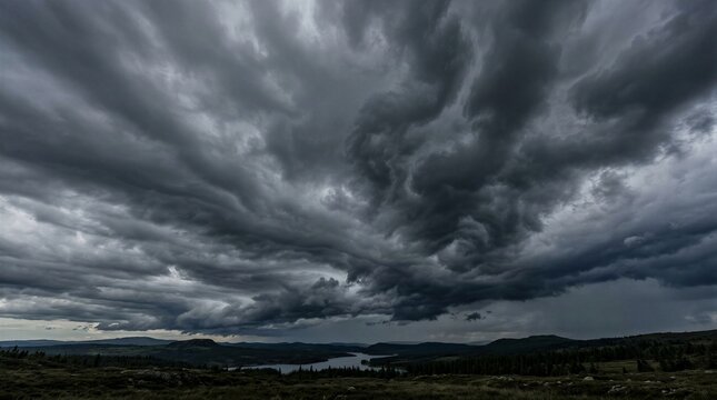 Dark, rolling clouds loom over distant hills and a quiet lake. Sky churns with stormy tension, casting heavy shadows. Silent landscape waits, tense under impending rain. Nature's power looms