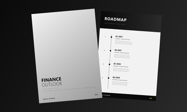 Minimalist finance outlook report template, professional business roadmap brochure, corporate strategic planning document vector, clean black and white flyer design