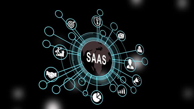 Comprehensive saa s business concept featuring dynamic global network connectivity hud infographics with glowing and seamless corporate technology integration motion