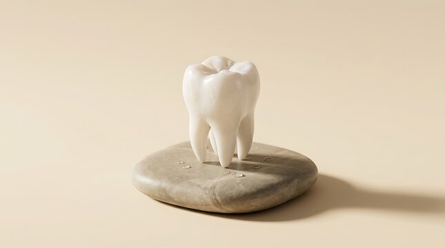 Porcelain molar tooth sculpture standing upright on smooth natural stone surrounded by tiny water droplets against minimalist beige background showcasing modern dental healthcare concept art and hygie