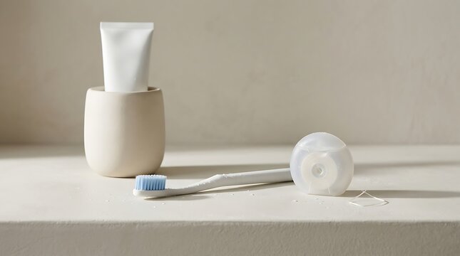 Minimalist bathroom accessories featuring a white toothbrush standing ceramic container with toothpaste alongside dental floss arranged neatly on a plain neutral surface under soft natural morning lig