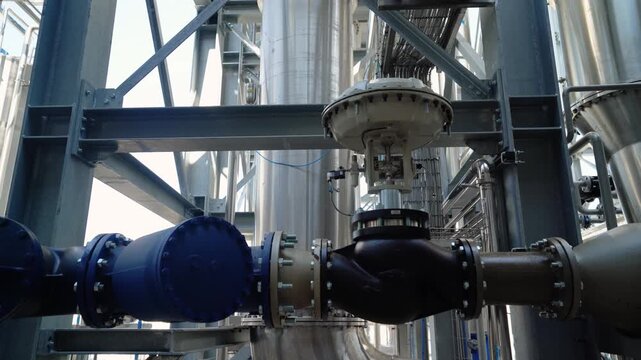 Industrial pipes valves and storage tanks at a processing plant
