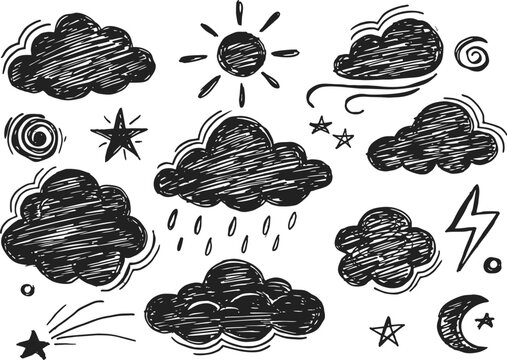 Hand drawn clouds stars, moon and sun, vector illustration