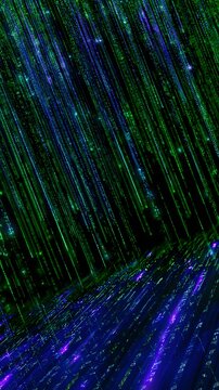 Green and blue binary code streams falling in dark space