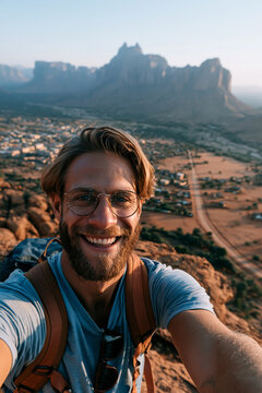 Selfie in Africa smiling bearded traveler admiring dramatic mountain landscape above historic valley during unforgettable hiking vacation