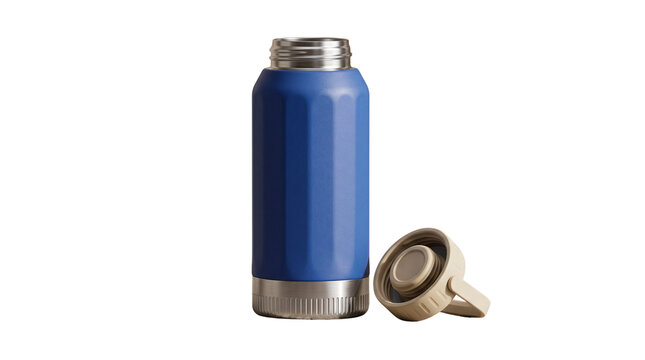 Blue insulated water bottle with open lid, stainless steel vacuum flask for hydration, eco-friendly metal sports canteen for travel and fitness isolated PNG with Transparent Background