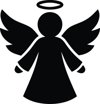 Simple black silhouette of an angel with wings and halo on a white background