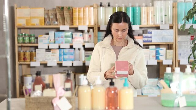 Adult woman holds a package of pills in her hands in a pharmacy against the background of shelves with medicines. Visitor to a European pharmacy chooses headache pills 