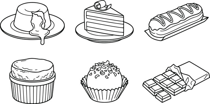 Chocolate desserts vector icon set featuring lava cake layer slice eclair souffl&eacute; cupcake truffle and candy bar elements