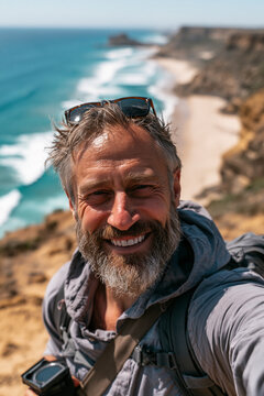 Selfie on the Coast of Oceania smiling mature hiker exploring rugged seaside cliffs during unforgettable outdoor adventure vacation experience
