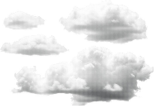 Collection of abstract cloud shapes with halftone dot pattern for creative and whimsical graphic designs.