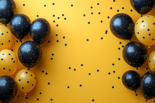 Black And Yellow Balloons Frame With Festive Confetti